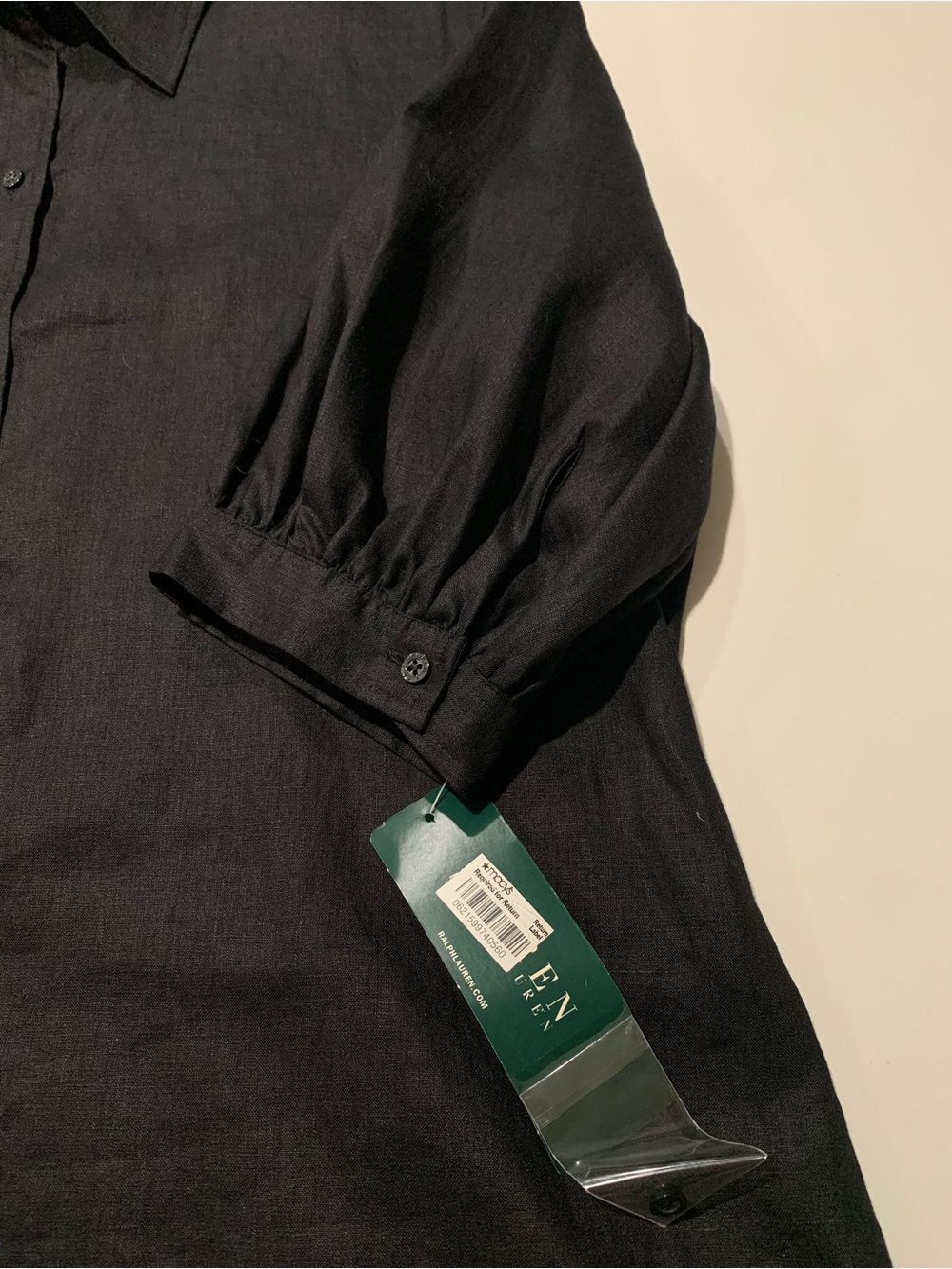 NWT Lauren Ralph Lauren Black 100% Linen Button-Up Blouse Gathered Sleeve, XL - Picture 5 of 9